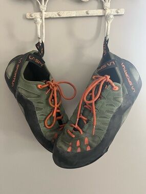 La Sportiva Olive Green Climbing Shoes with Orange Accents men’s